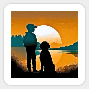 Boy and Dog Vintage Sunset Sticker